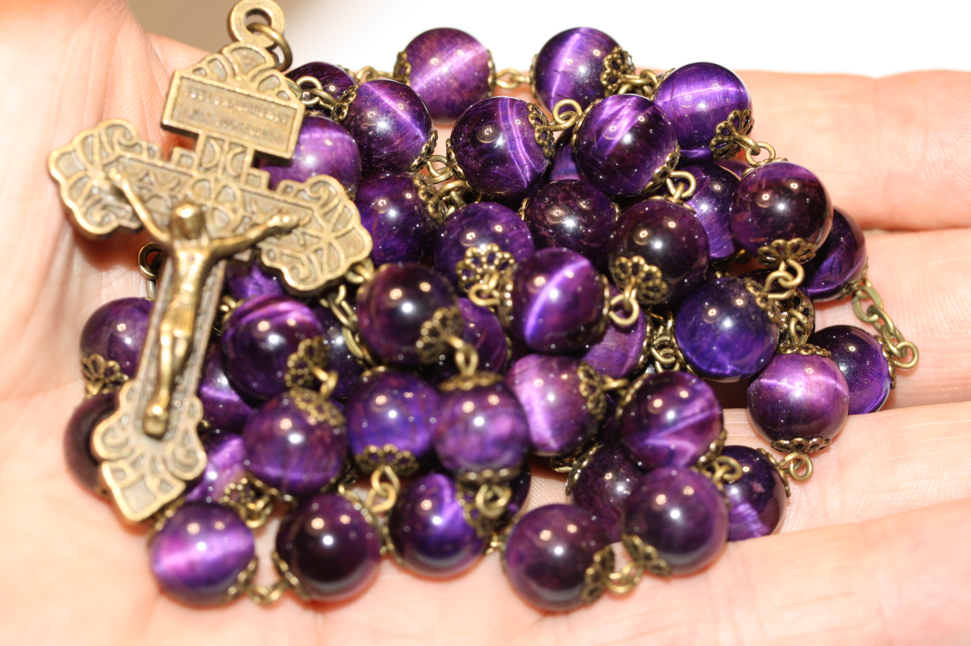 Purple Tiger's Eye 10mm Rosary in Bronze - Image 2