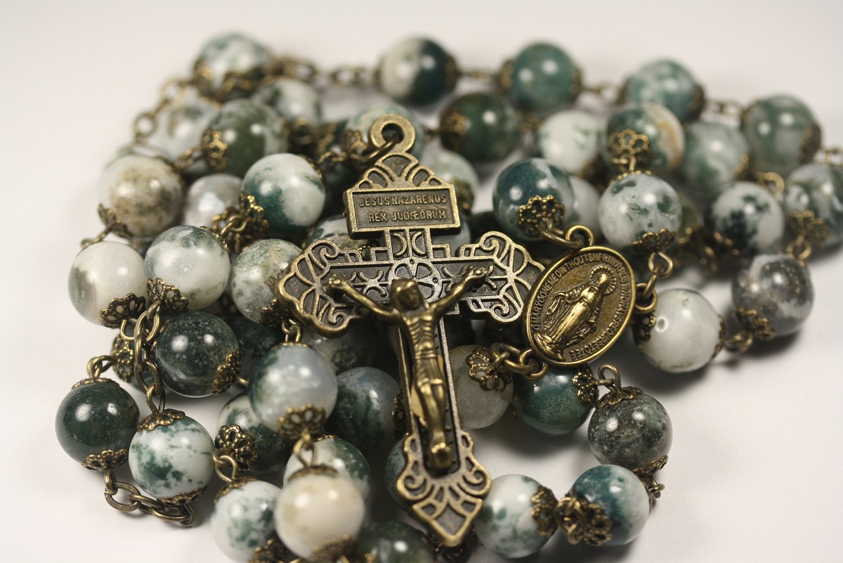 Tree Agate 10mm Rosary in Bronze