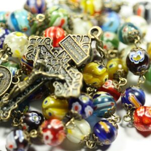 Milifiori French Glass "Million Flower" Smooth Bead 10mm Rosary in Bronze