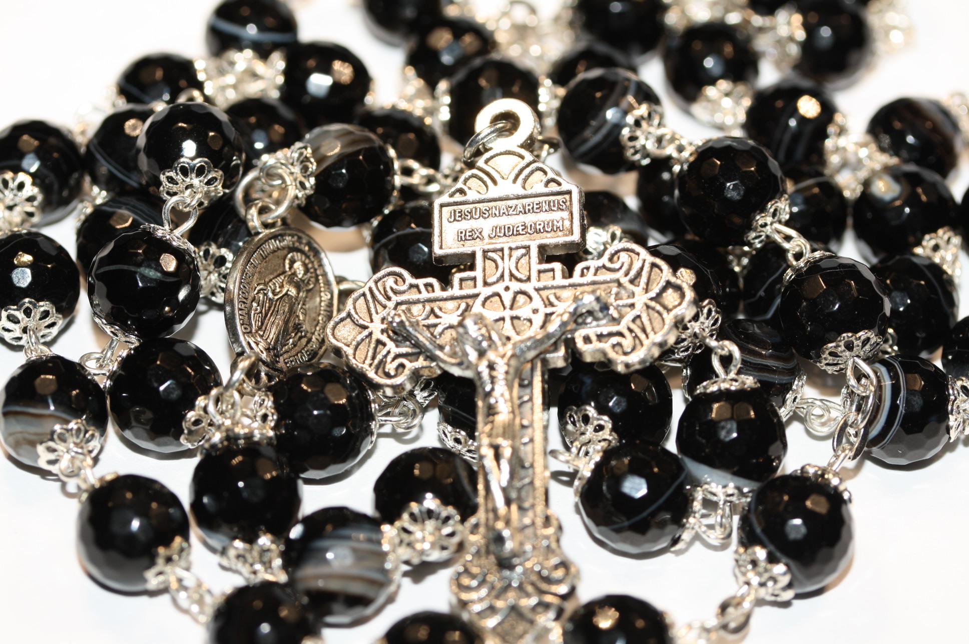 Black Agate Faceted 10mm in Silver Rosary