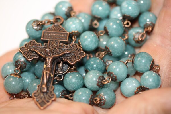 Aquamarine Chalcedony 10mm Rosary in Copper