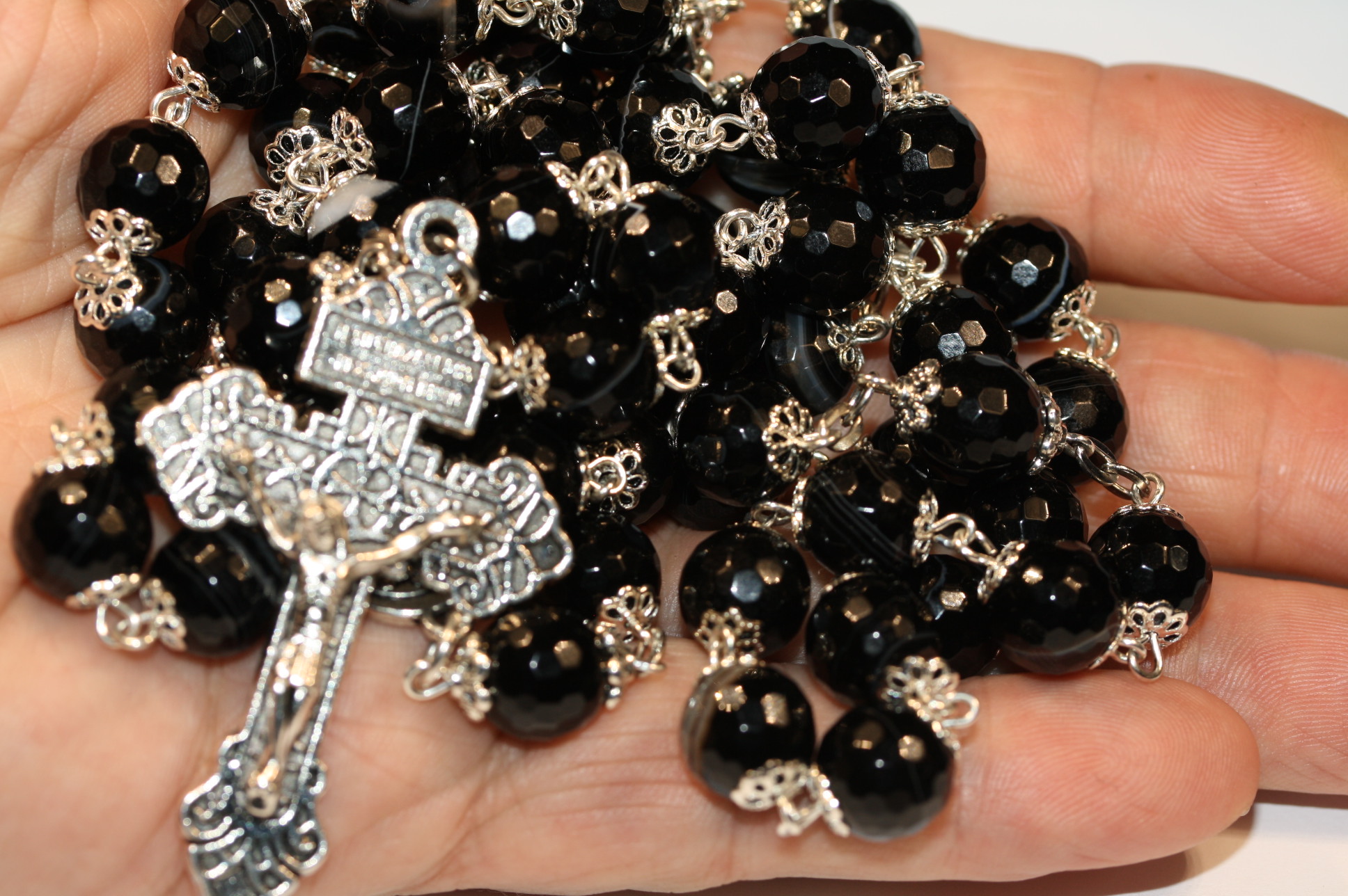 Black Agate Faceted 10mm in Silver Rosary - Image 3