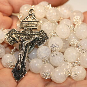White Cracked Agate 10mm Rosary in Silver