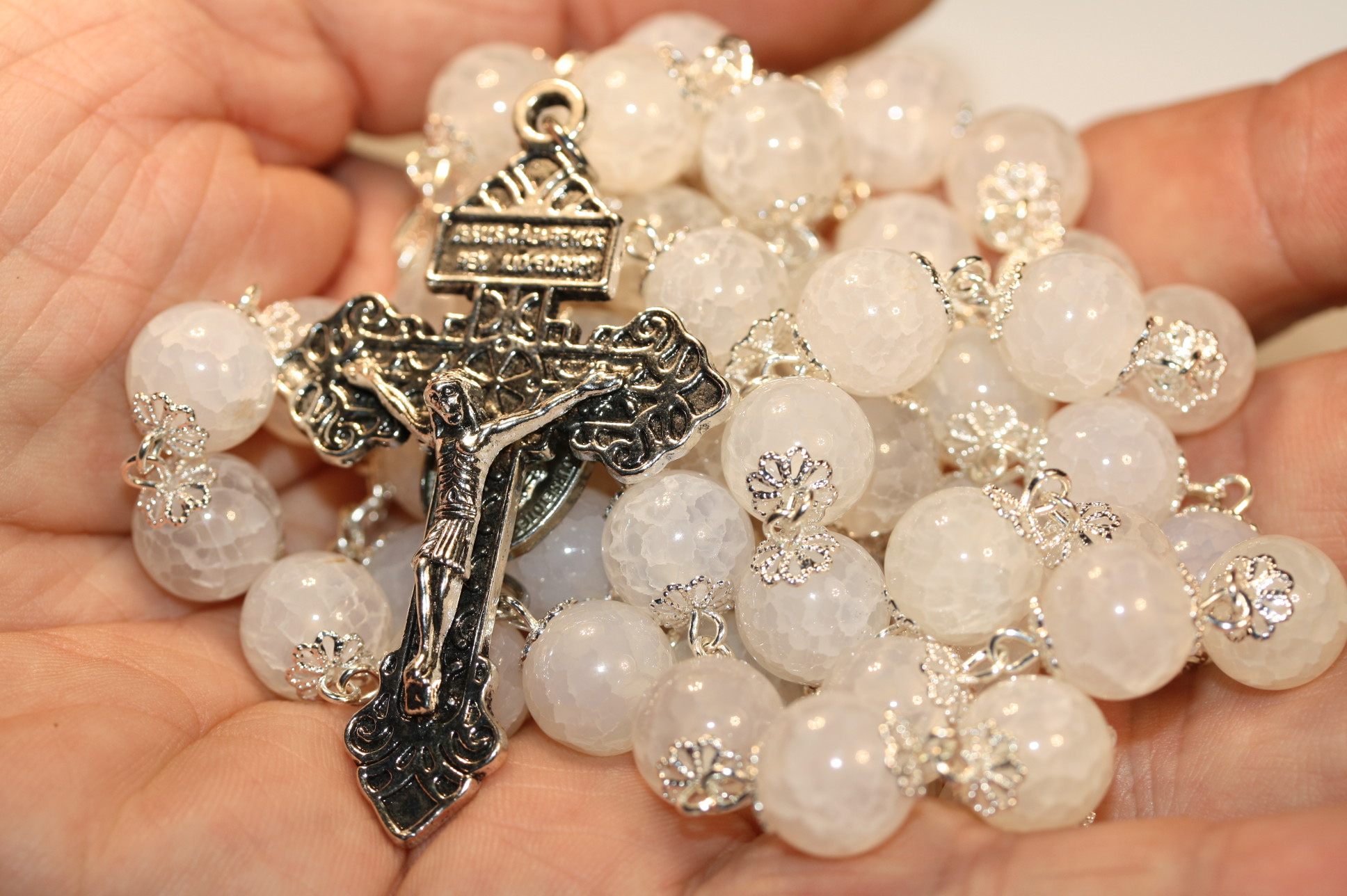 White Cracked Agate 10mm Rosary in Silver