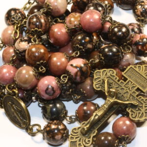 Black Line Rhodonite 10mm Rosary in Bronze