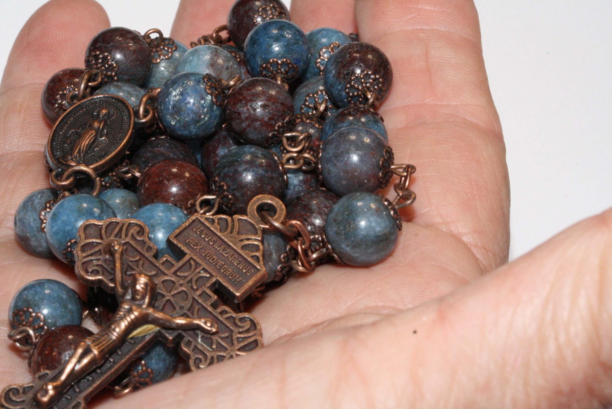 Blue and Brown Jasper 10mm Rosary in Copper - Image 4