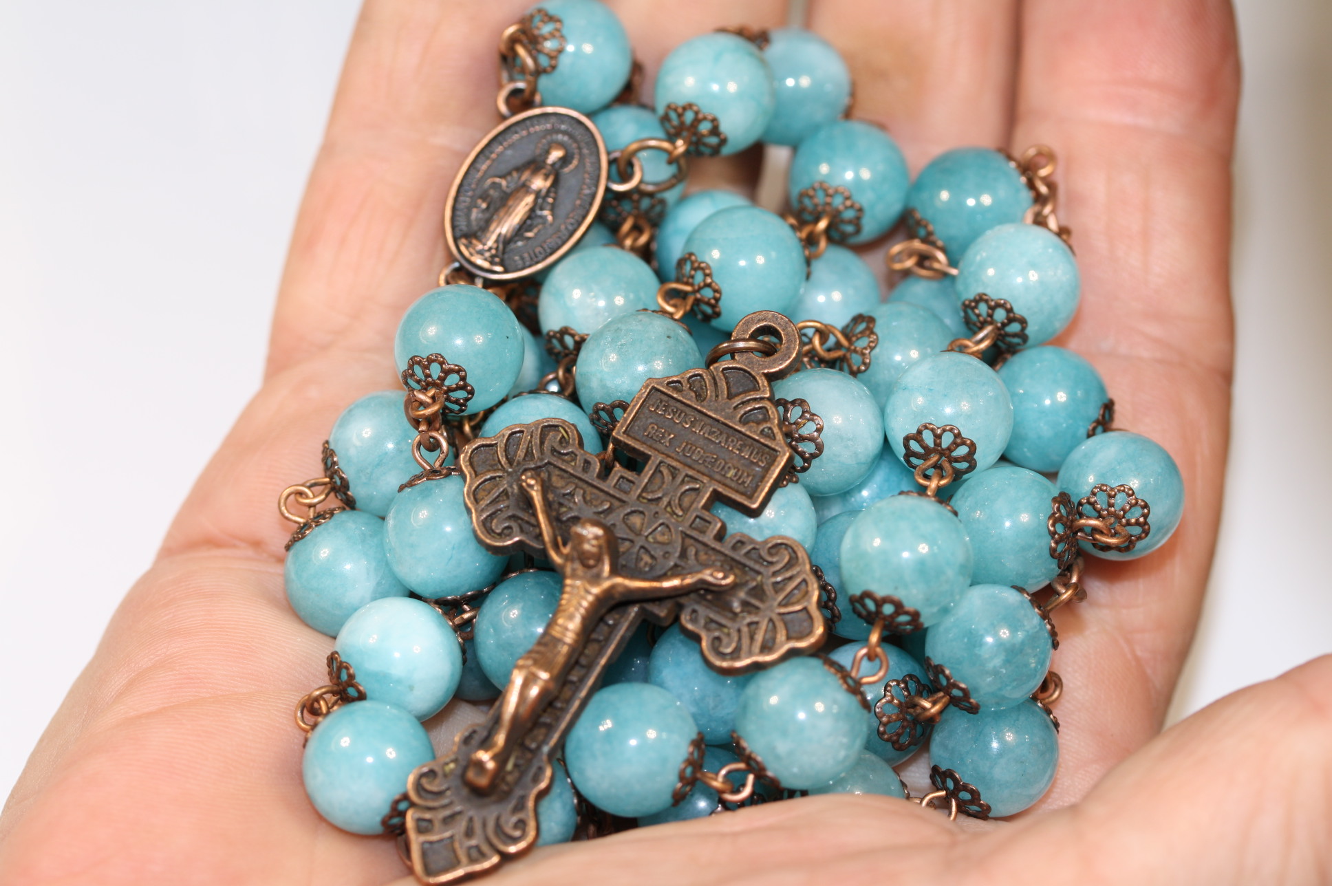Blue Chalcedony 10mm Rosary in Copper