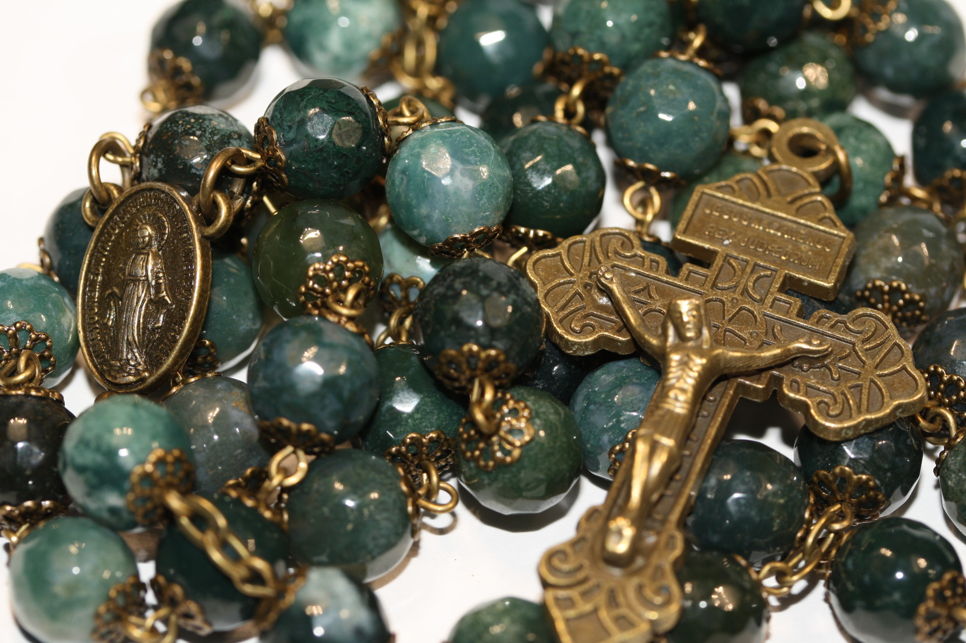 Green Agate Faceted 10mm Bronze Rosary