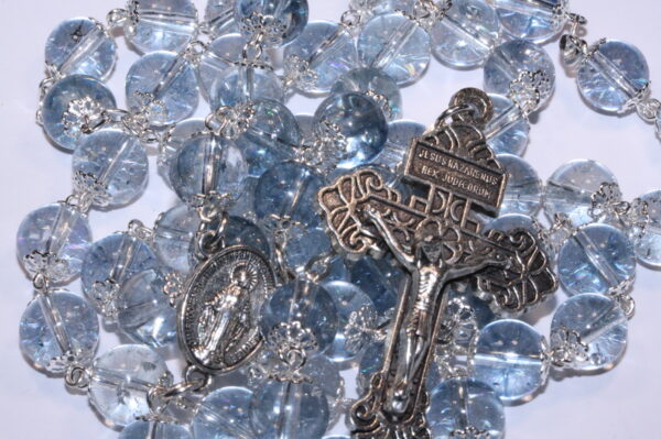 Blue Crystal 10mm Smooth Bead Rosary in Silver