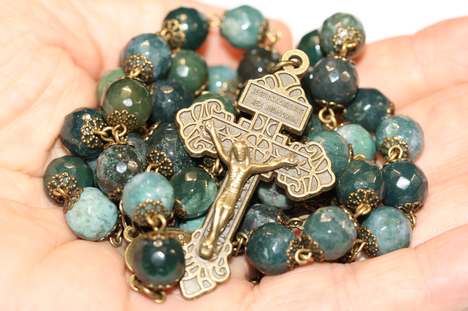 Green Agate Faceted 10mm Bronze Rosary - Image 3