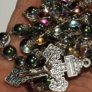 Aurora Borealis Prism Glass 10mm Smooth Bead Rosary in Silver