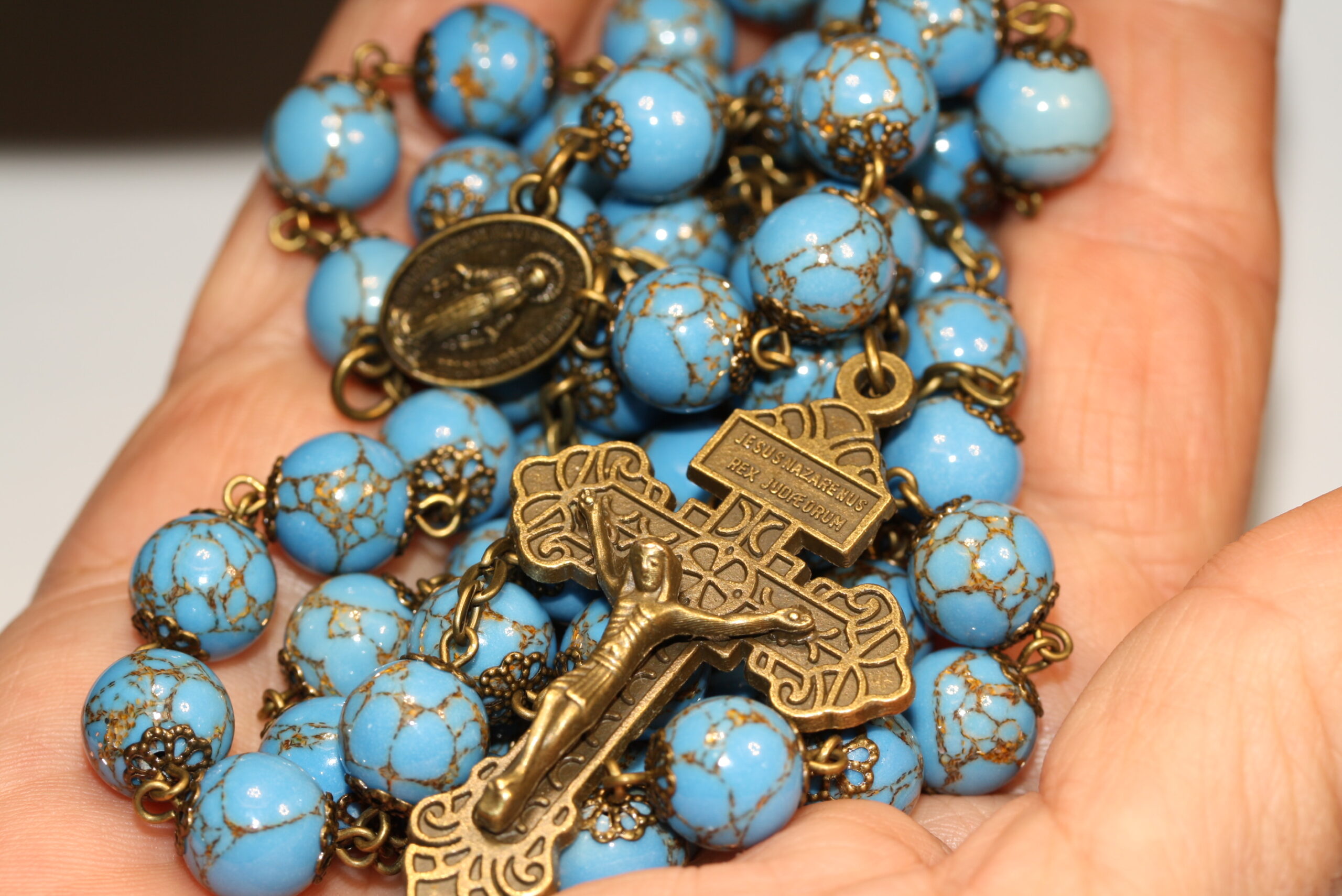 Gold Veined Bead 10mm Bronze Rosary - Image 5