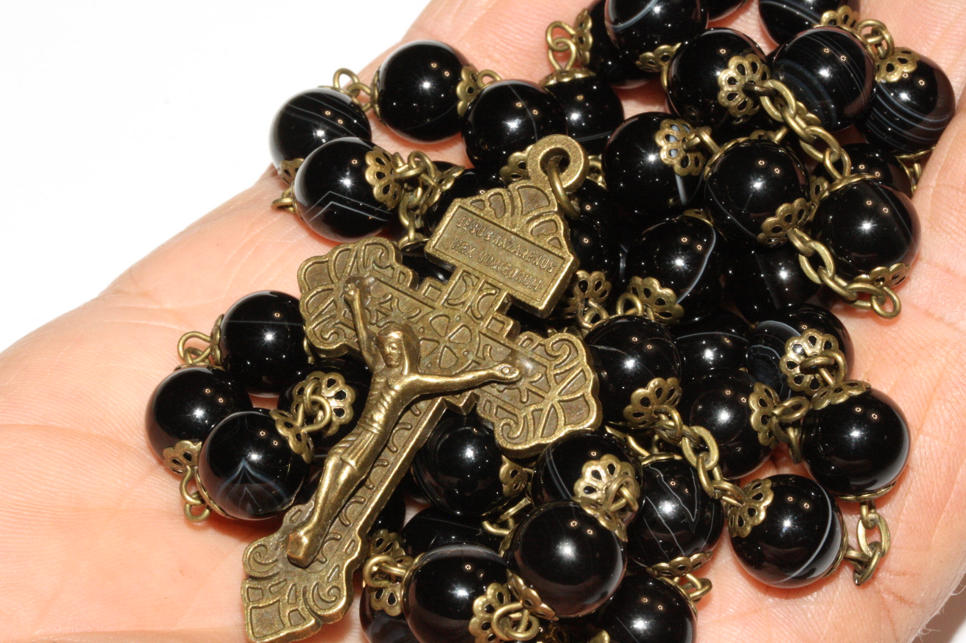 Black Agate in Bronze 10mm Rosary