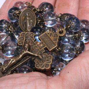 Blue Crystal 10mm Smooth Bead Rosary in Bronze
