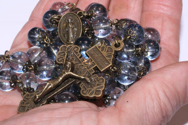 Blue Crystal 10mm Smooth Bead Rosary in Bronze