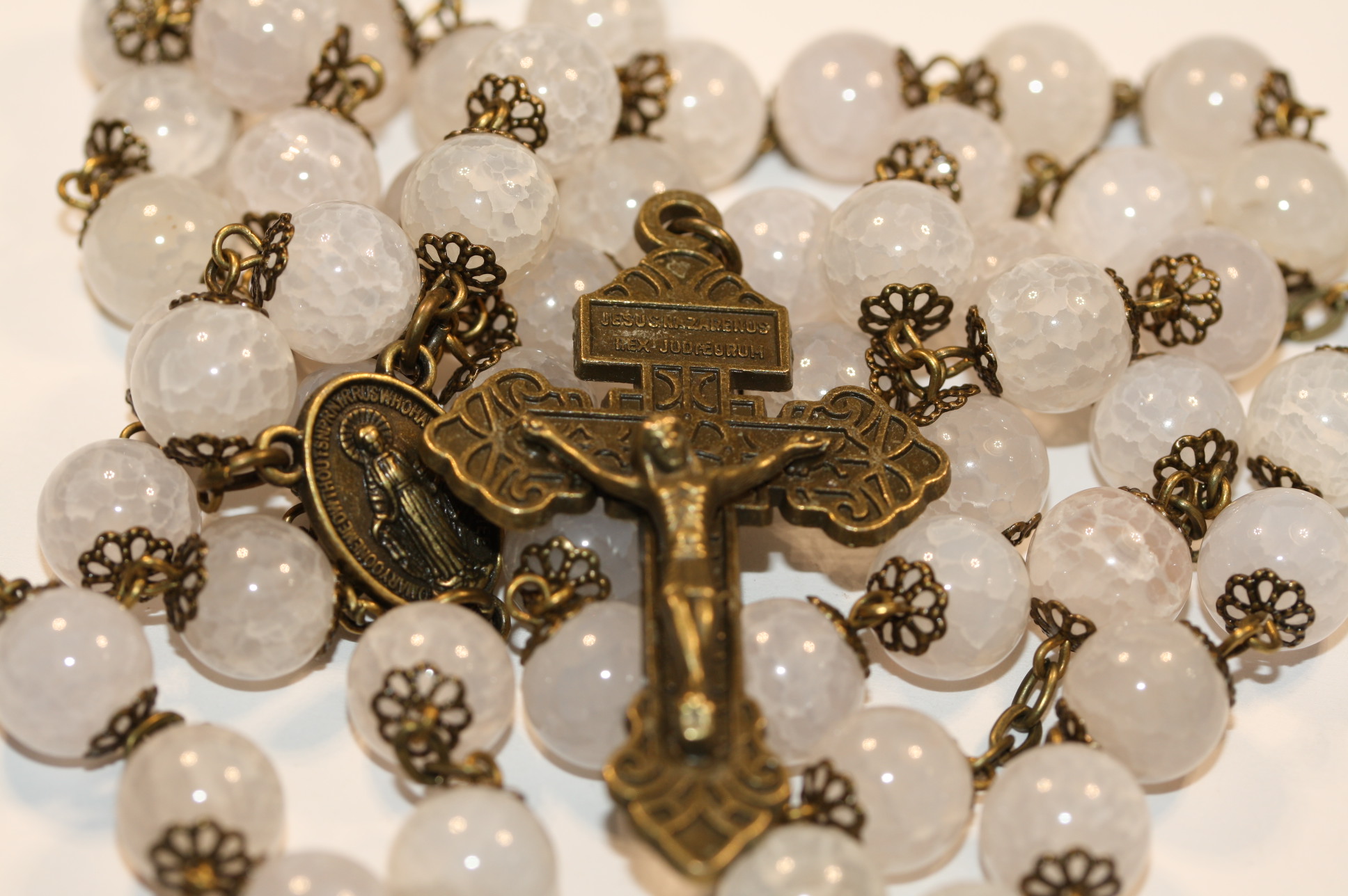 White Cracked Agate 10mm Rosary in Bronze - Image 4