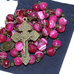 Pink Striped 10mm Rosary in Bronze