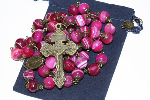 Pink Striped 10mm Rosary in Bronze