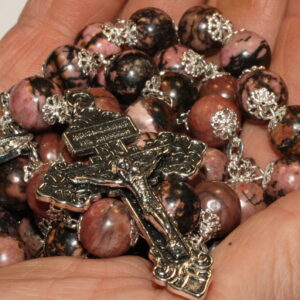 Black Line Rhodonite 10mm Rosary in Silver