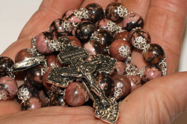 Black Line Rhodonite 10mm Rosary in Silver