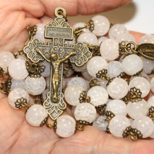 White Cracked Agate 10mm Rosary in Bronze