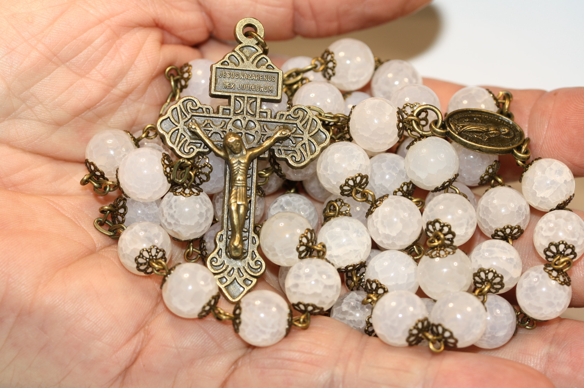 White Cracked Agate 10mm Rosary in Bronze