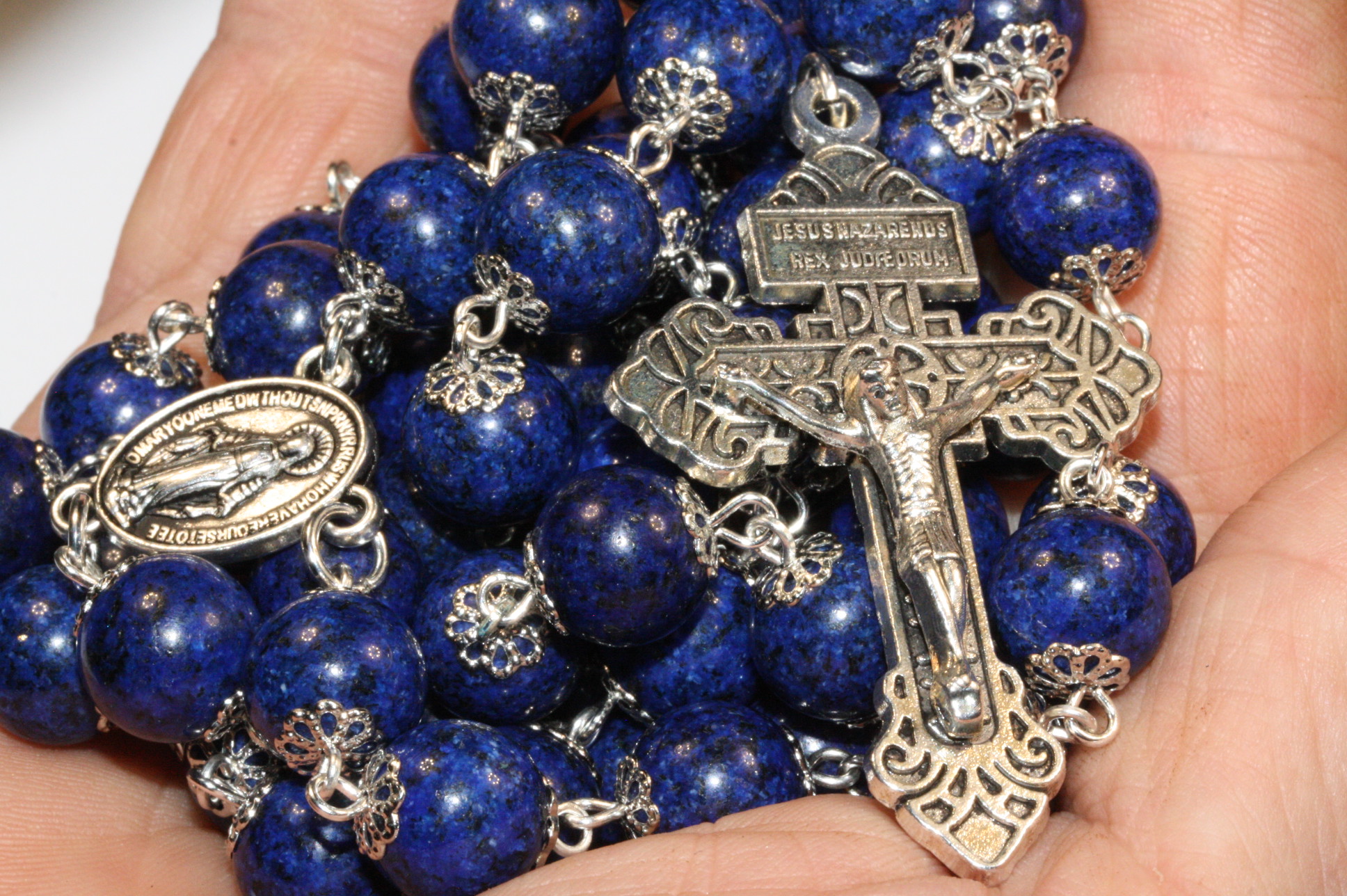 Lapis 10mm Rosary in Silver
