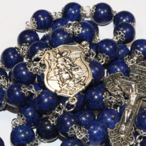 Lapis 10mm Rosary in Silver with a St. Michael Center