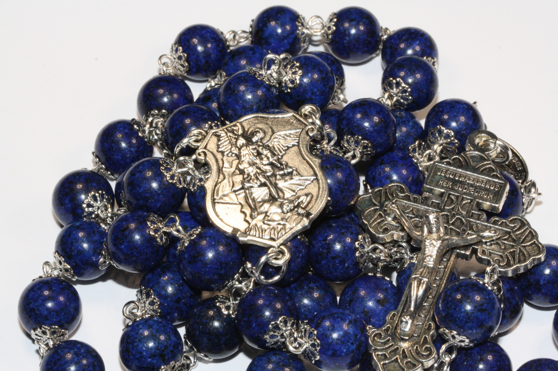 Lapis 10mm Rosary in Silver with a St. Michael Center