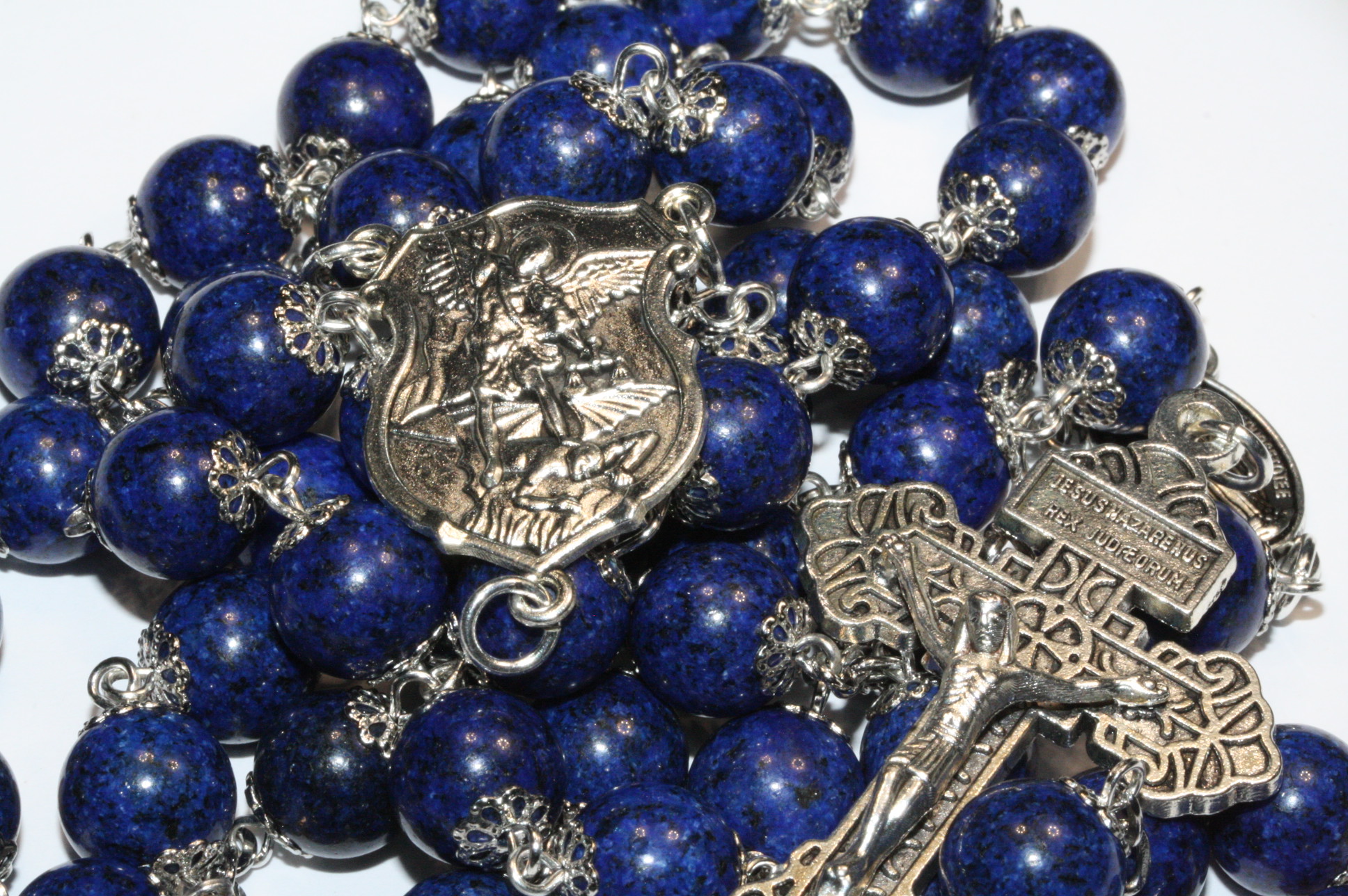 Lapis 10mm Rosary in Silver with a St. Michael Center - Image 3