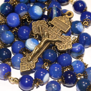 Blue Striped Agate 10mm Bronze Faceted Rosary