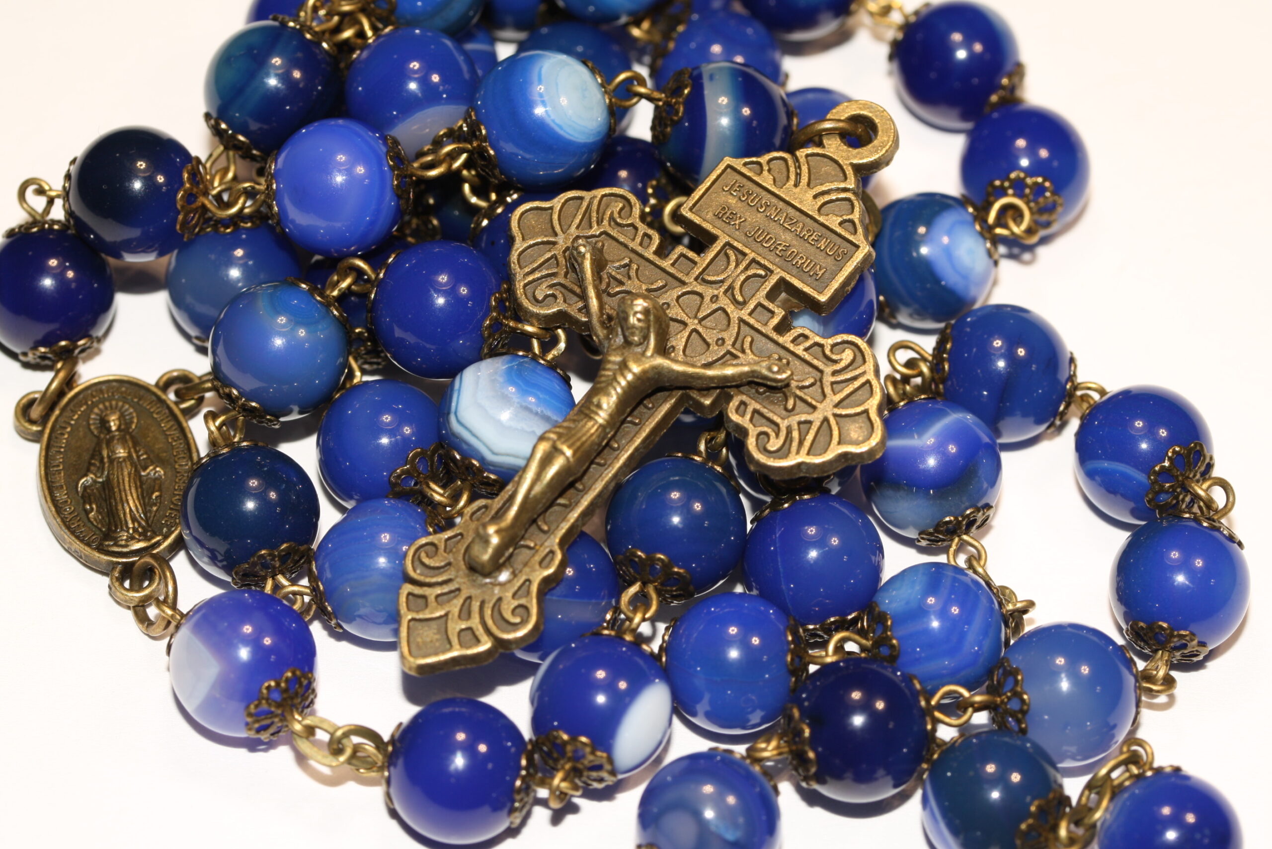Blue Striped Agate 10mm Bronze Faceted Rosary