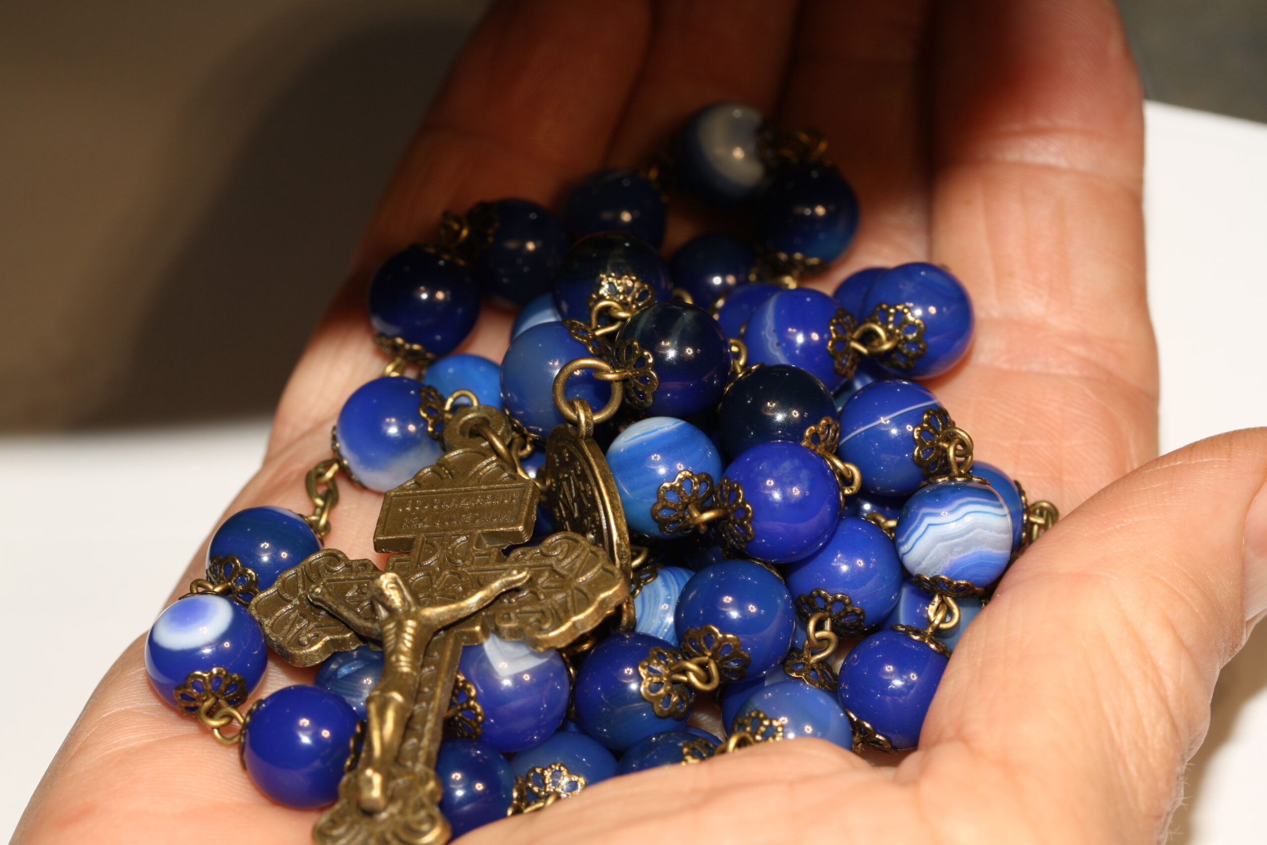 Blue Striped Agate 10mm Bronze Faceted Rosary - Image 4