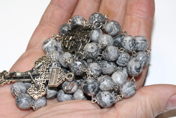 St. Michael Gray Lace Jasper 10mm Rosary in Silver Faceted Stone