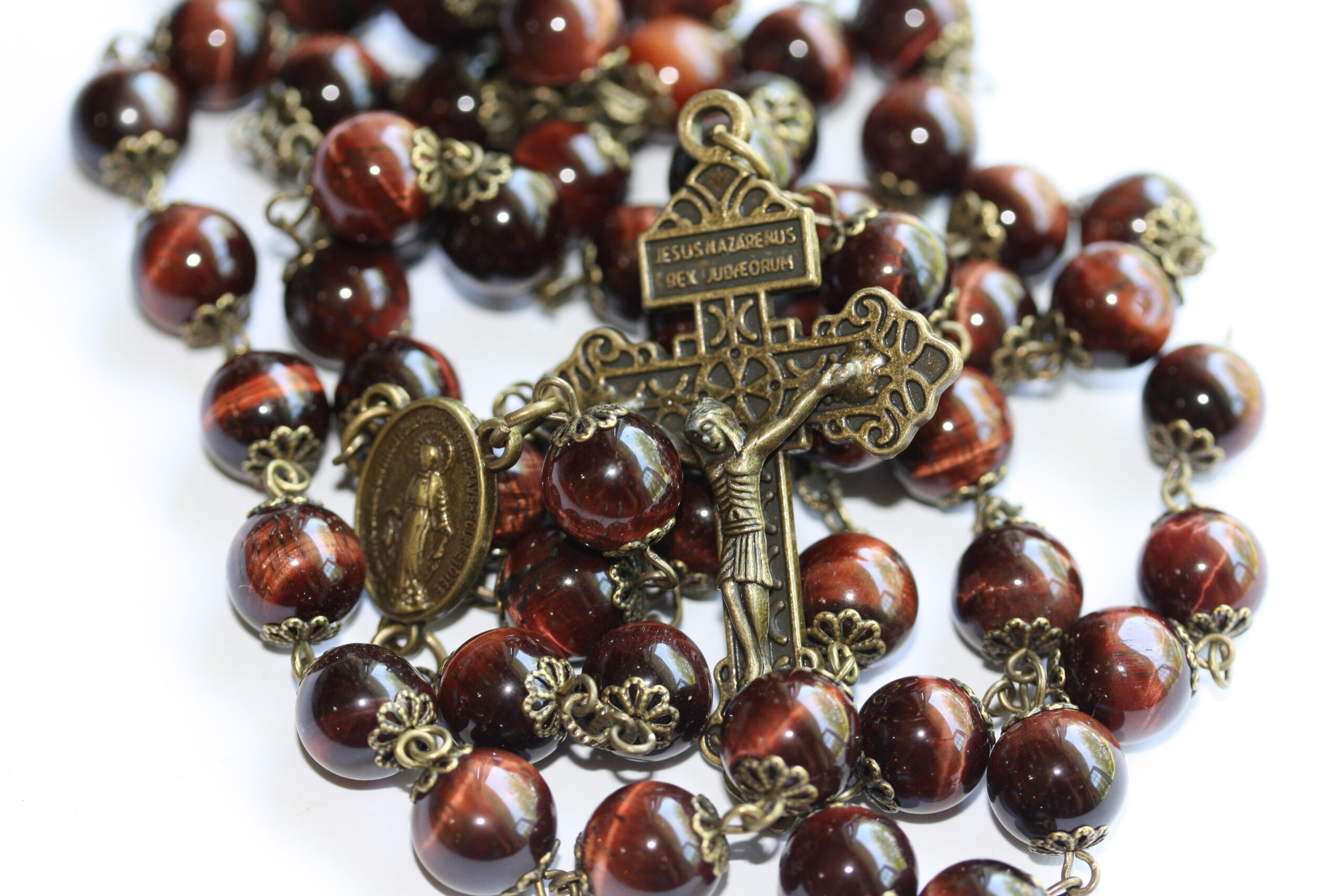 Outlet Handmade Rosary, 10mm Dark Red Tiger Eye Beads