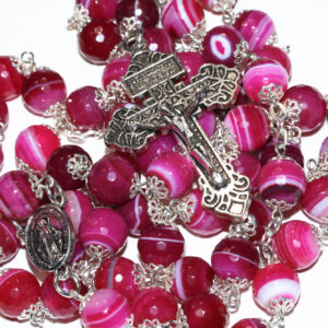 Pink Striped 10mm Rosary in Silver